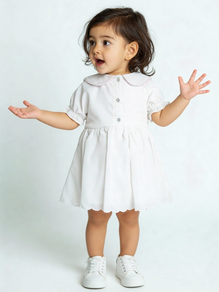 HOP Baby Girls White Embroidered Cotton A-Line Dress