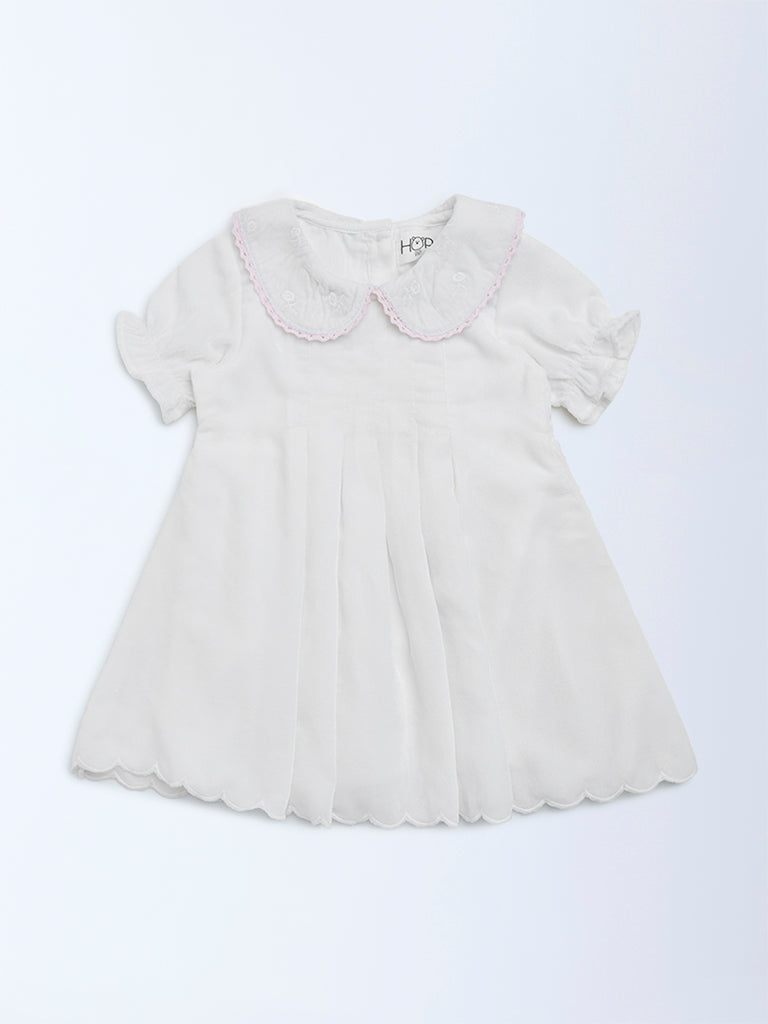 HOP Baby Girls White Embroidered Cotton A-Line Dress