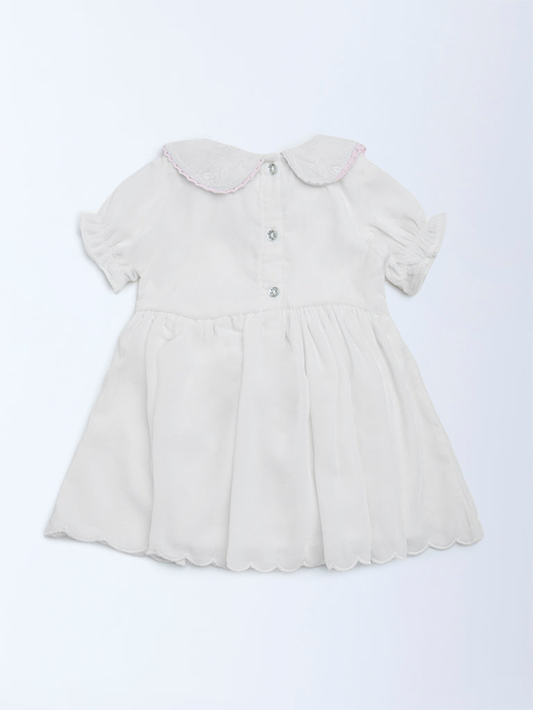 HOP Baby Girls White Embroidered Cotton A-Line Dress