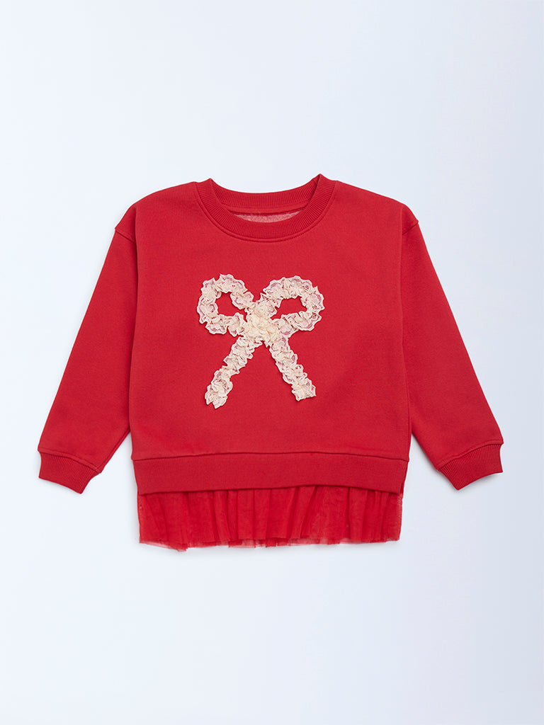 HOP Kids Girls Red Bow Design Cotton-Blend Sweatshirt