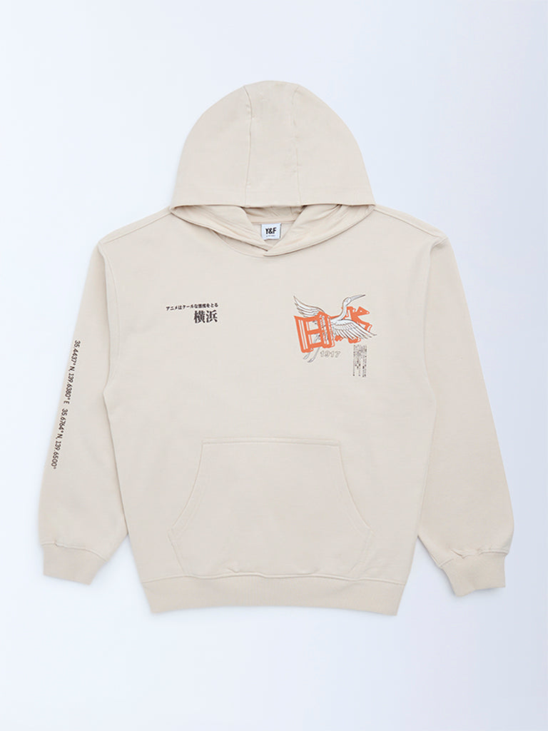 Boys Beige Printed Cotton-Blend Hoodie
