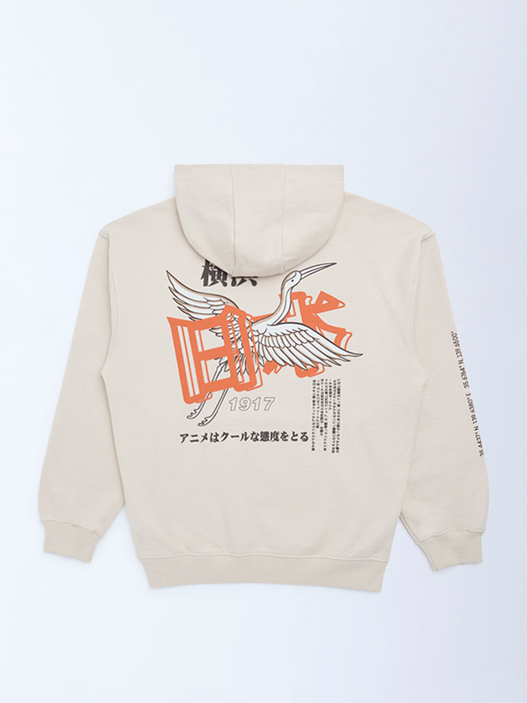 Boys Beige Printed Cotton-Blend Hoodie