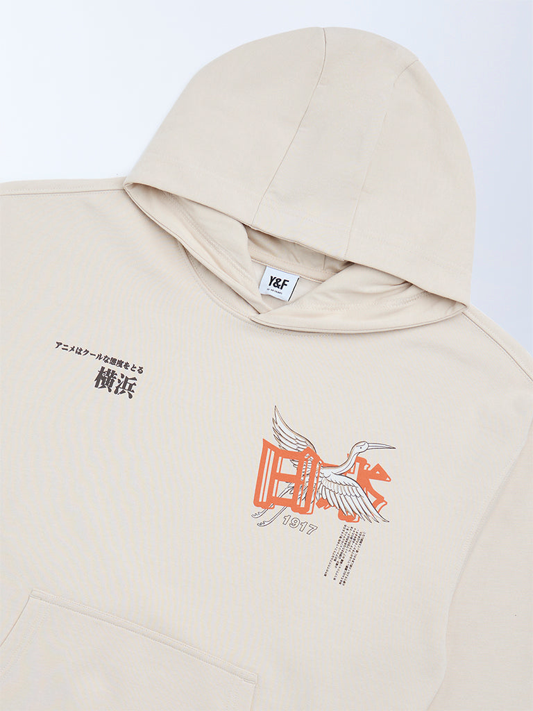 Boys Beige Printed Cotton-Blend Hoodie