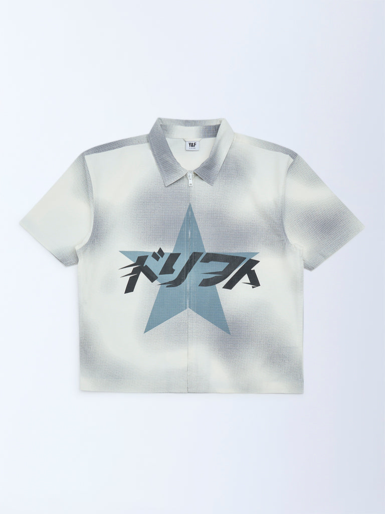 Boys Grey Printed Resort-Fit Cotton Shirt