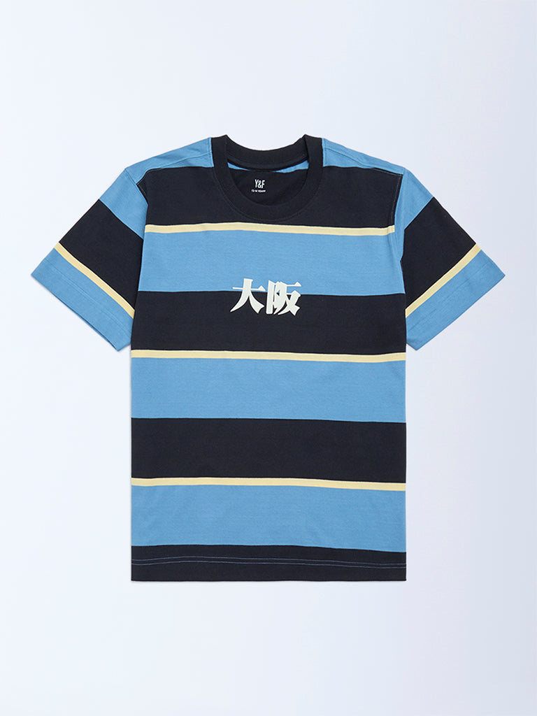 Boys Blue Colour-Blocked Cotton T-Shirt