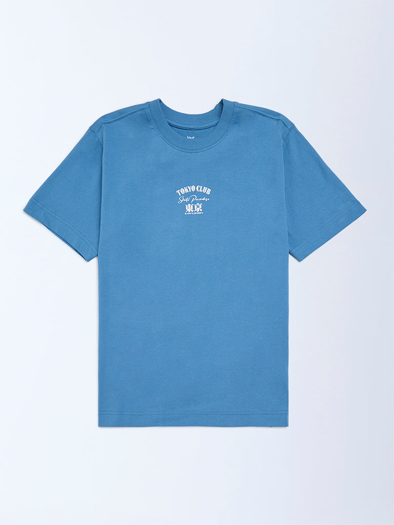 Boys Blue Printed Cotton T-Shirt