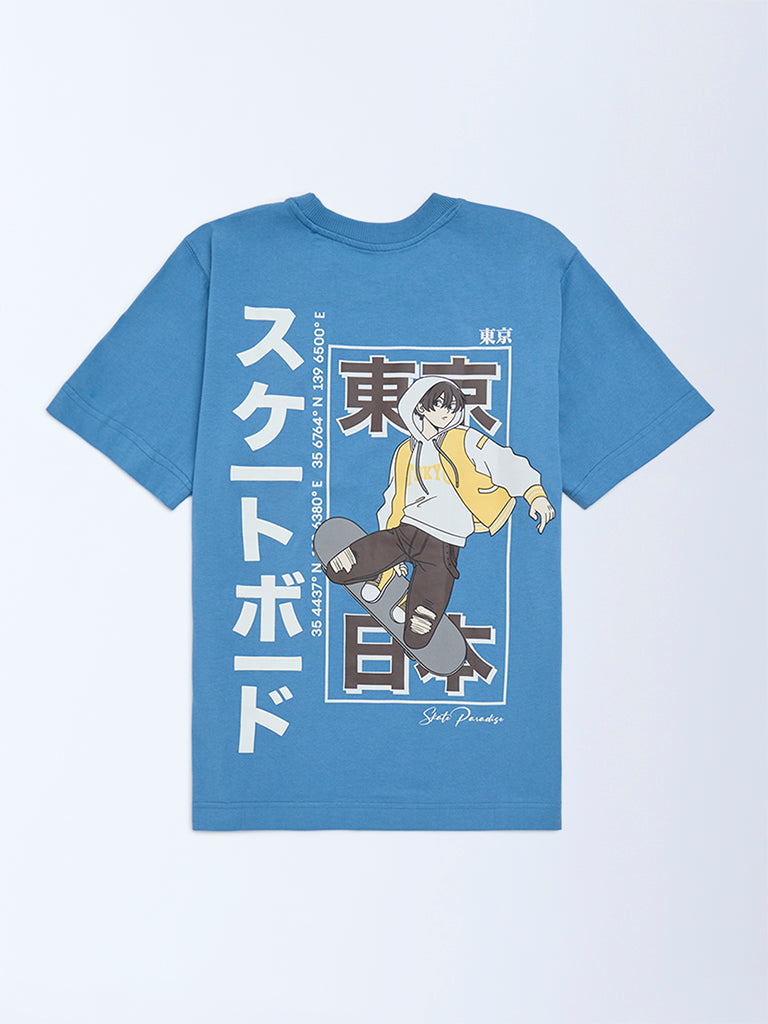 Boys Blue Printed Cotton T-Shirt