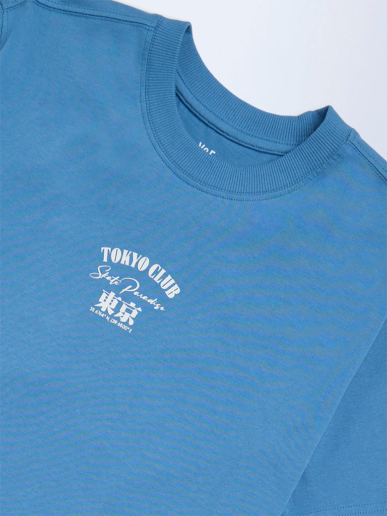 Boys Blue Printed Cotton T-Shirt
