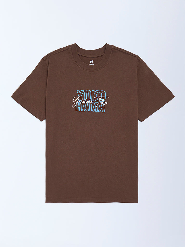 Boys Brown Printed Cotton T-Shirt