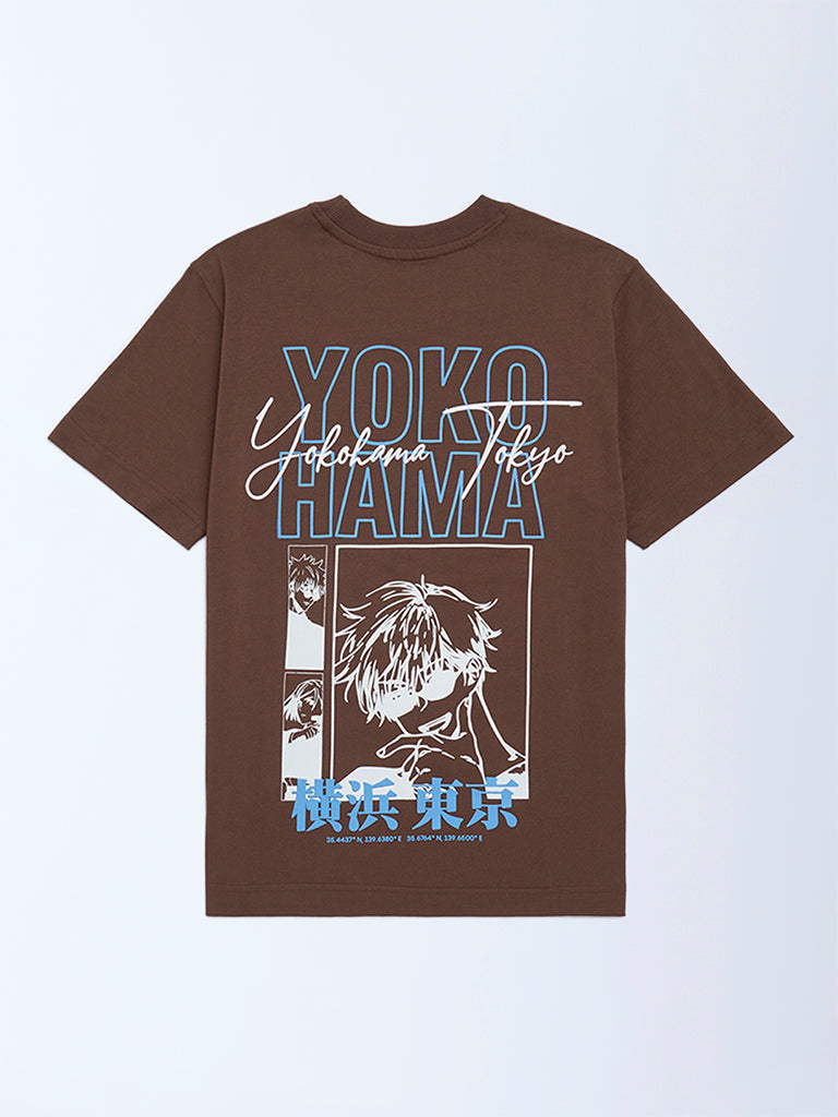 Boys Brown Printed Cotton T-Shirt