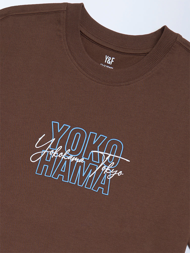 Boys Brown Printed Cotton T-Shirt