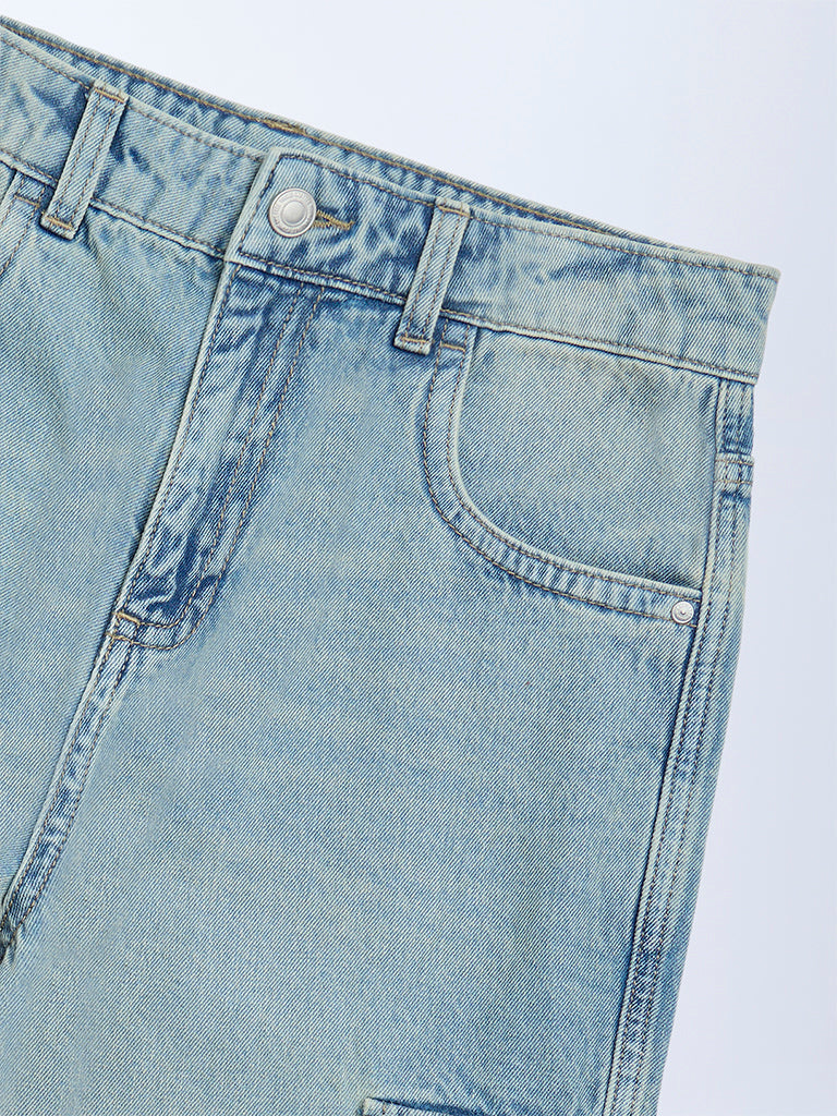 Girls Light Blue Faded Relaxed-Fit High-Rise Jeans