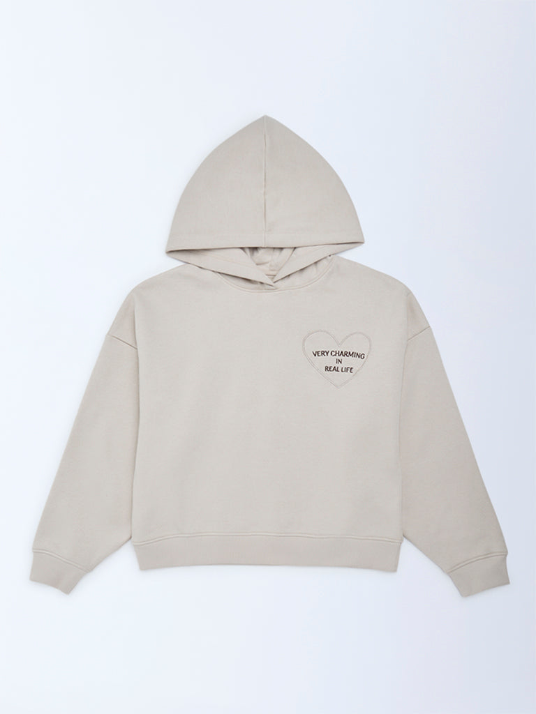 Girls Beige Typographic Cotton-Blend Hoodie