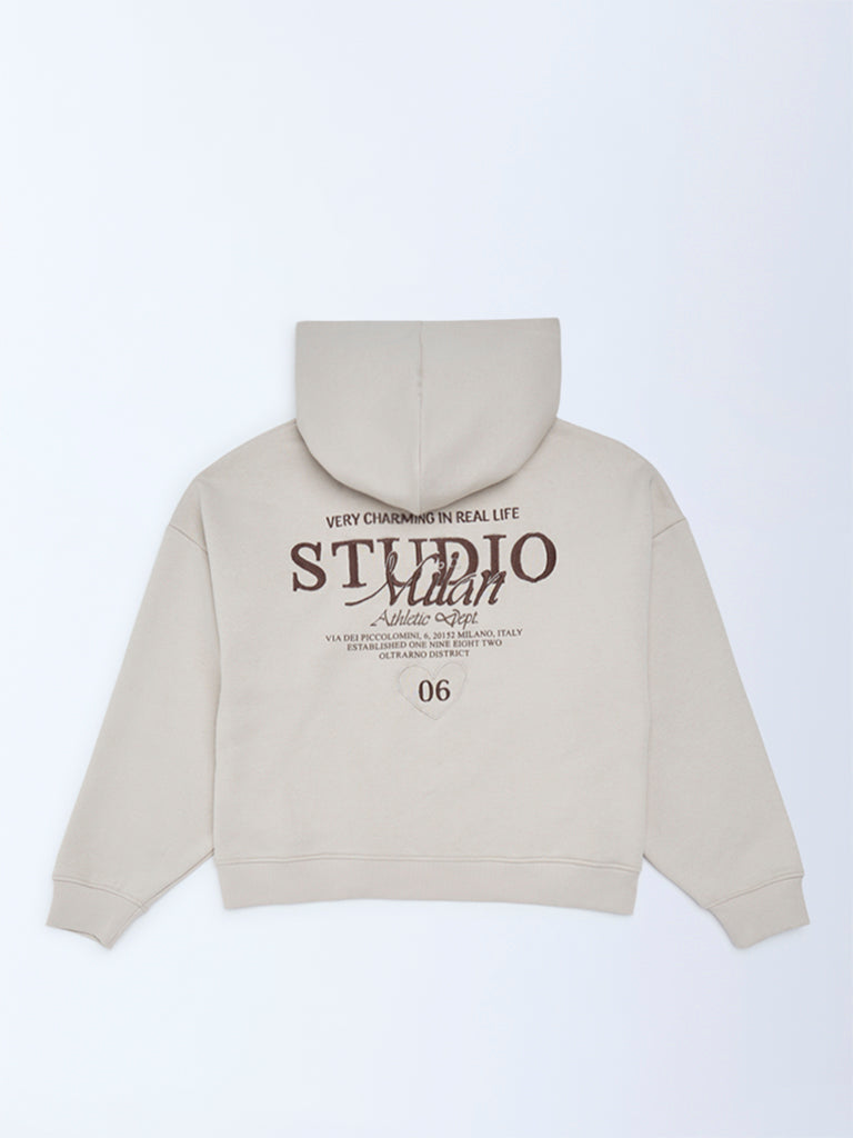 Girls Beige Typographic Cotton-Blend Hoodie