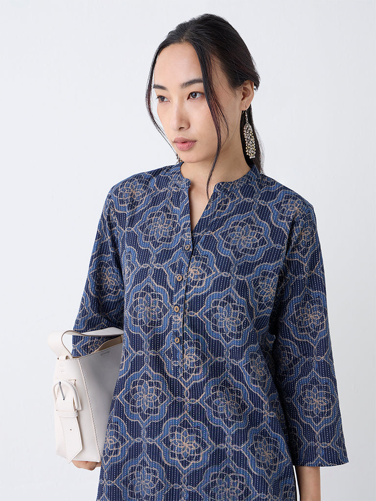 Utsa Indigo Geometric Pattern Cotton-Blend Straight Kurta