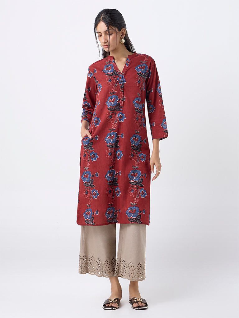 Utsa Maroon Floral Design Cotton Straight Kurta