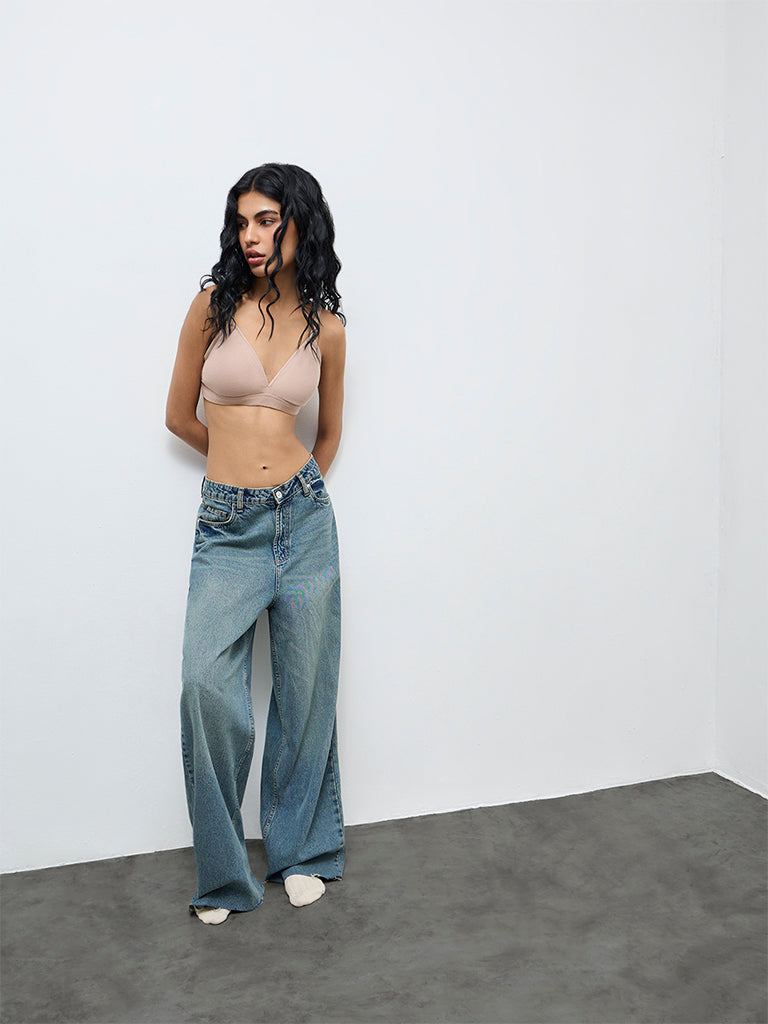 Superstar Taupe Waffle-Textured Cotton-Blend Padded Bra