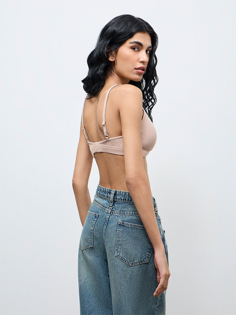 Superstar Taupe Waffle-Textured Cotton-Blend Padded Bra