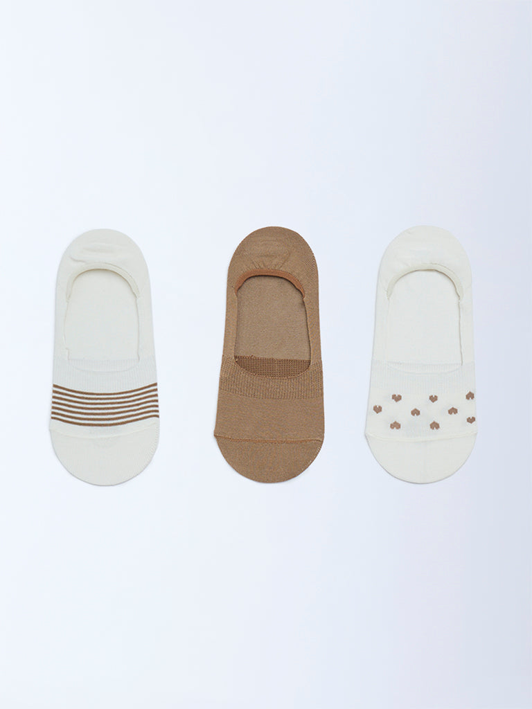 Superstar Beige Printed No Show Cotton-Blend Socks - Pack of 3