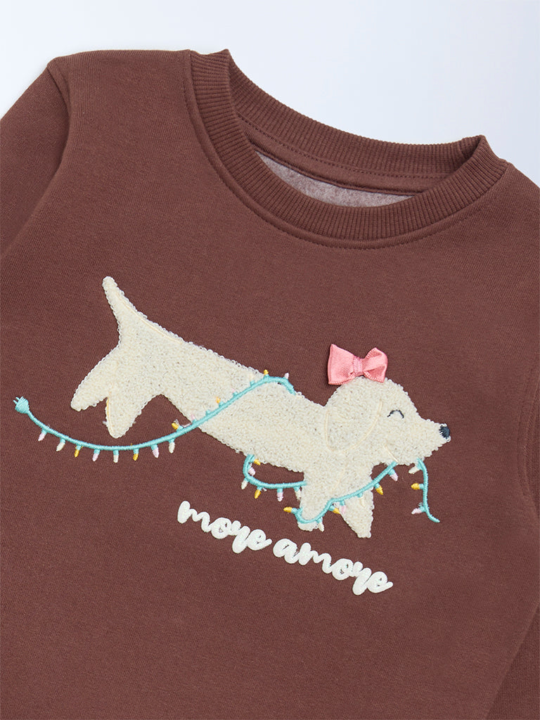 HOP Kids Girls Brown Animal-Detail Cotton-Blend Sweatshirt