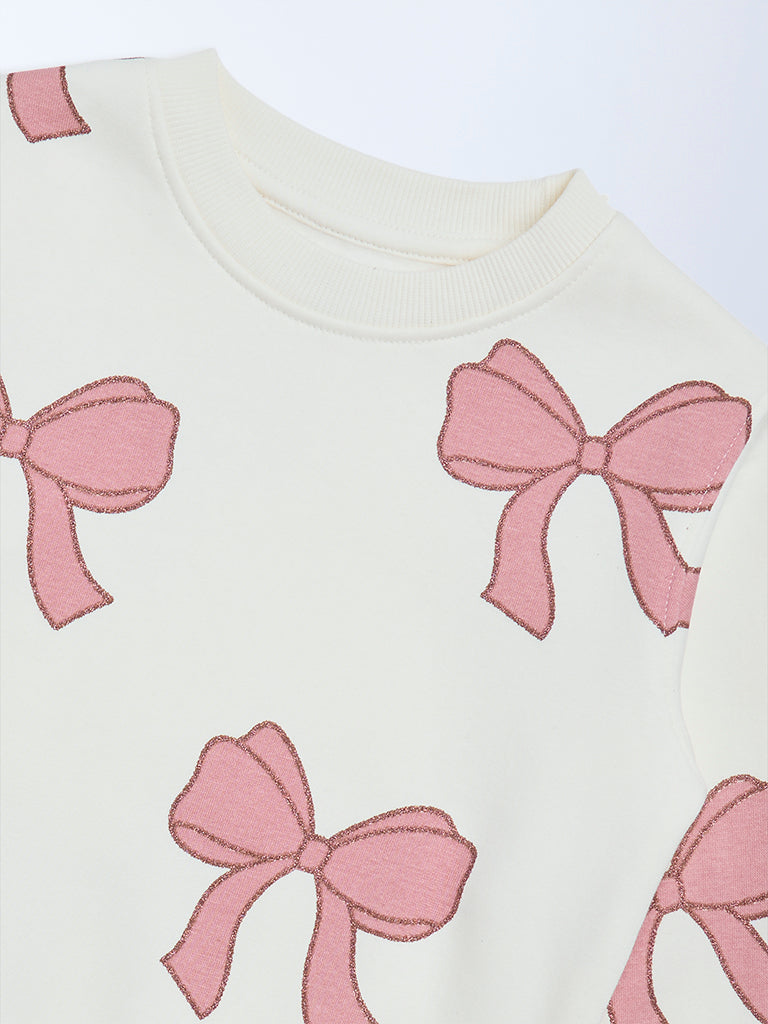 HOP Kids Girls Off-White Bow Design Cotton-Blend Sweatshirt