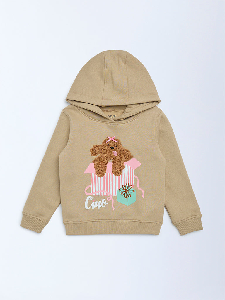 HOP Kids Girls Taupe Printed Cotton-Blend Hoodie