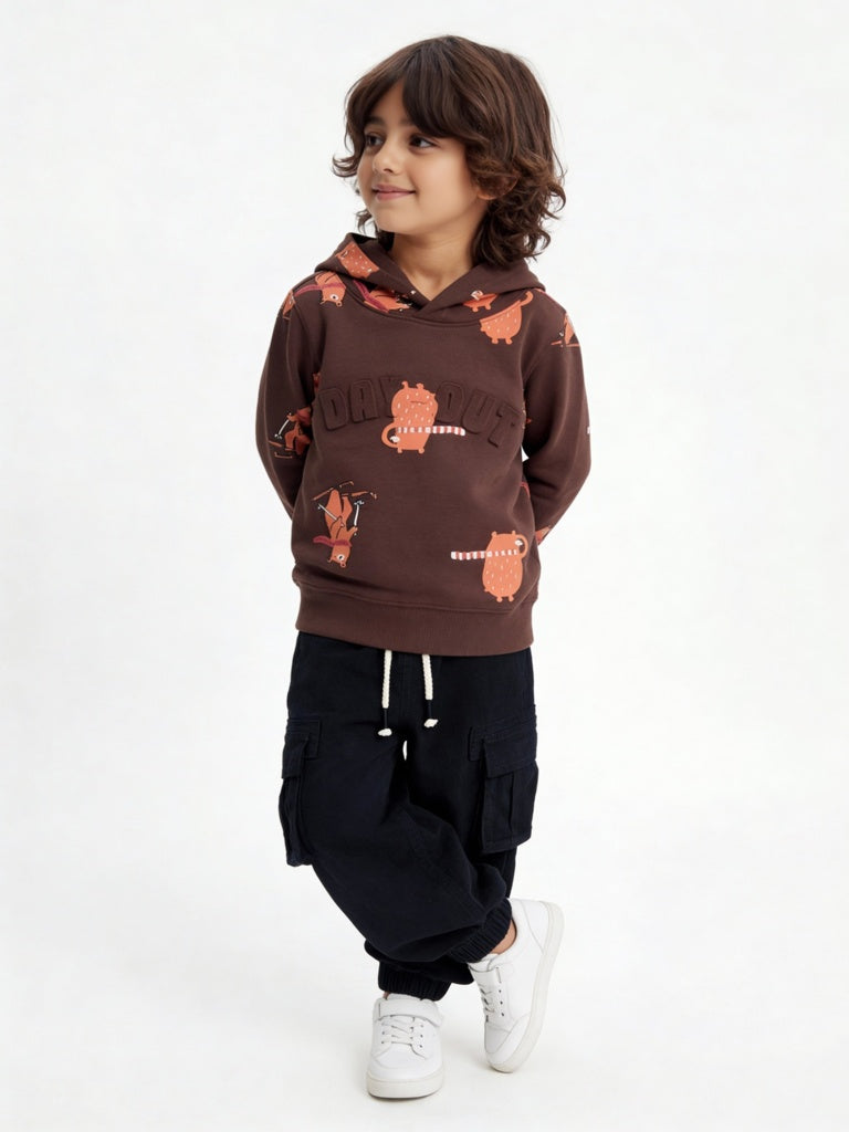 HOP Kids Boys Dark Brown Printed Hooded Cotton Sweatshirt