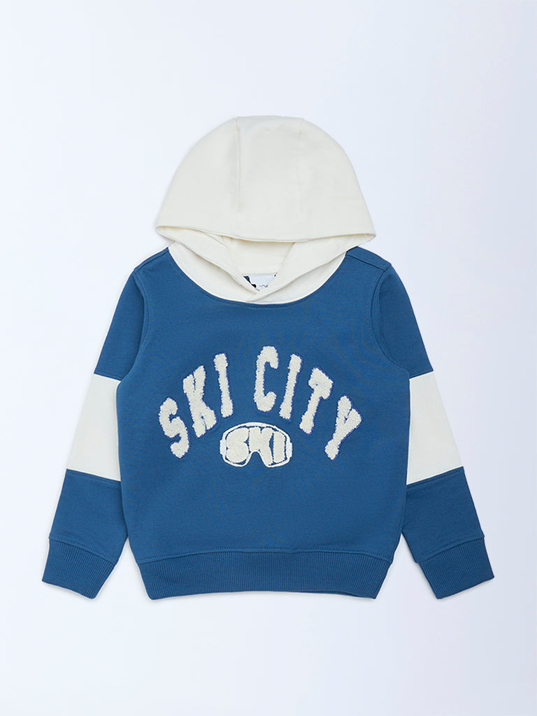 HOP Kids Boys Blue Text Design Hooded Cotton-Blend Sweatshirt