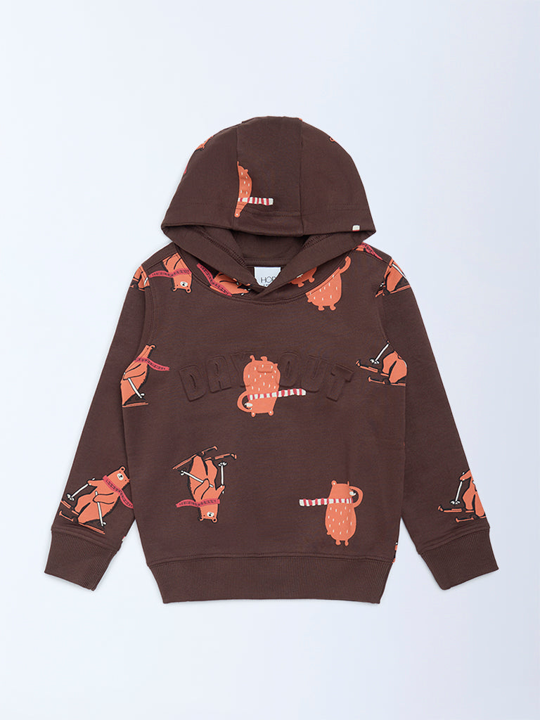 HOP Kids Boys Dark Brown Printed Hooded Cotton Sweatshirt