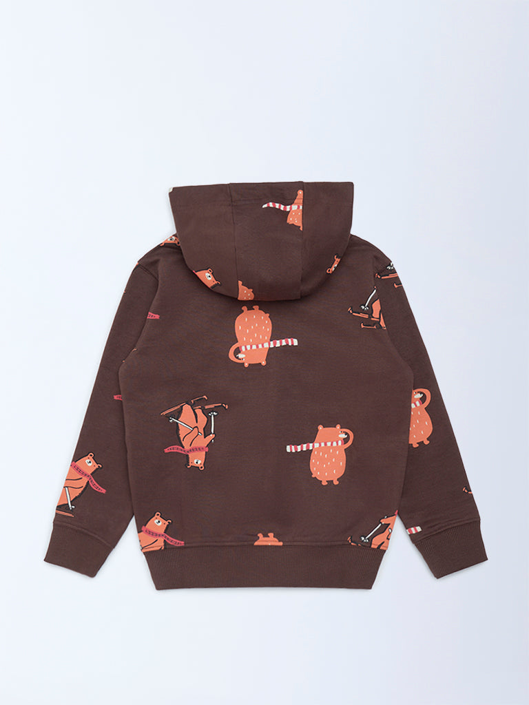 HOP Kids Boys Dark Brown Printed Hooded Cotton Sweatshirt