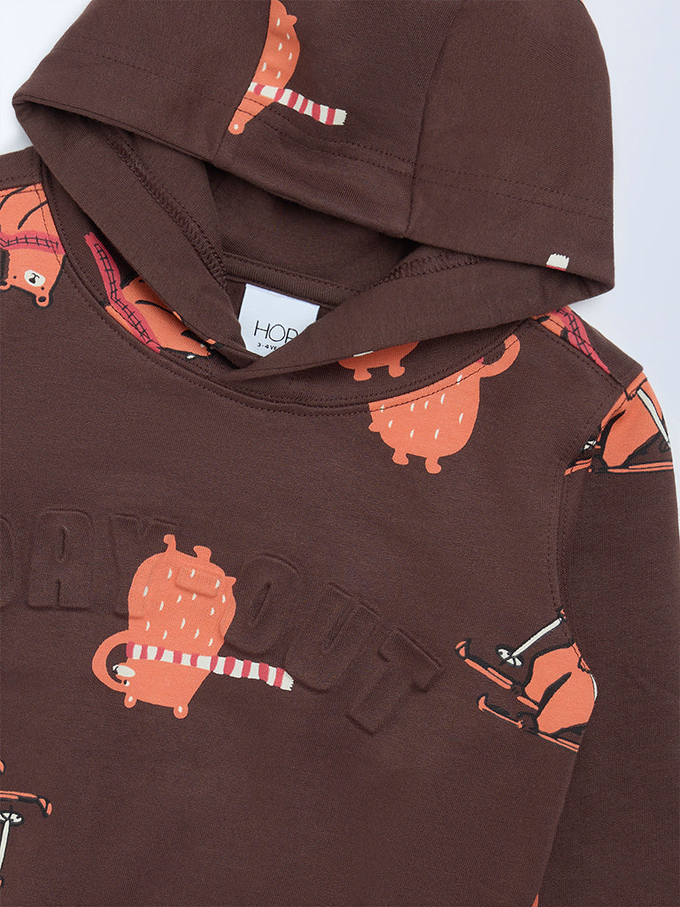 HOP Kids Boys Dark Brown Printed Hooded Cotton Sweatshirt