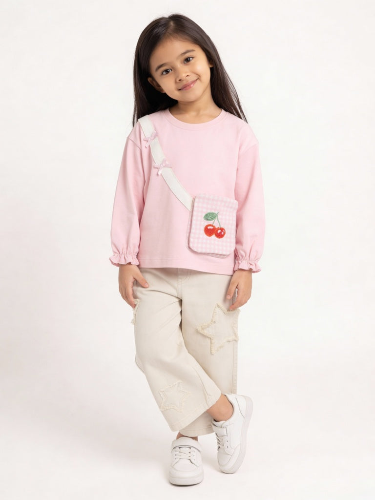 HOP Kids Girls Light Pink Pouch-Detailed Cotton Top