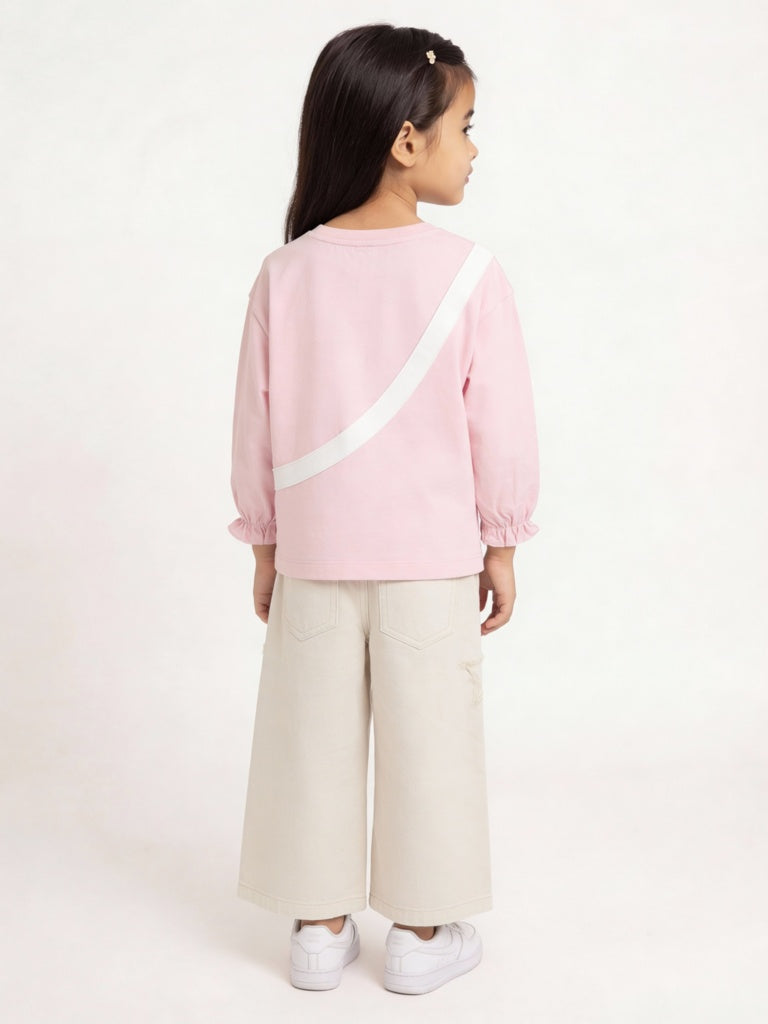 HOP Kids Girls Light Pink Pouch-Detailed Cotton Top