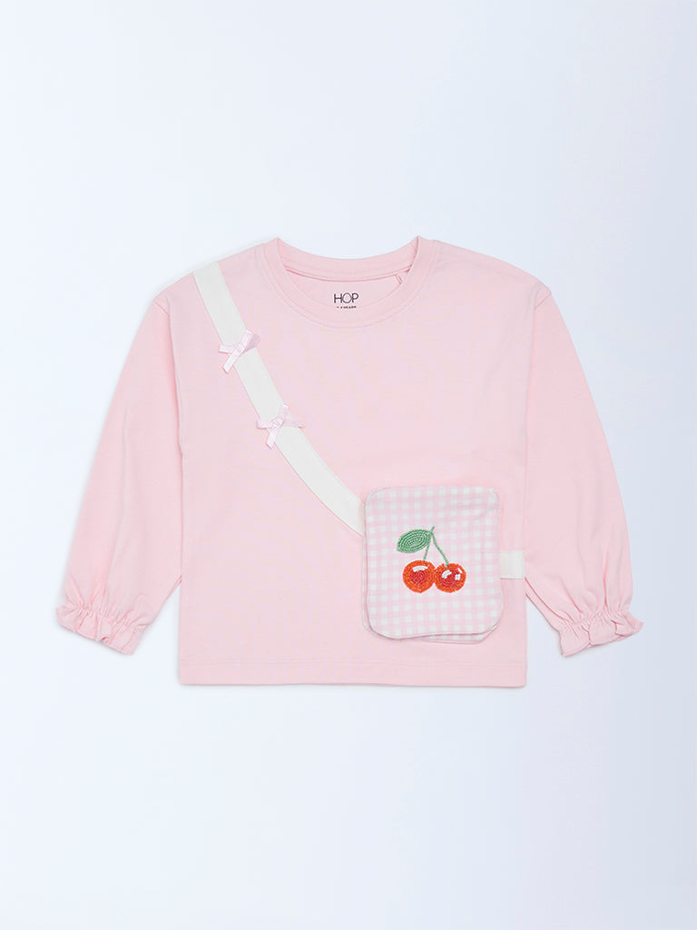 HOP Kids Girls Light Pink Pouch-Detailed Cotton Top