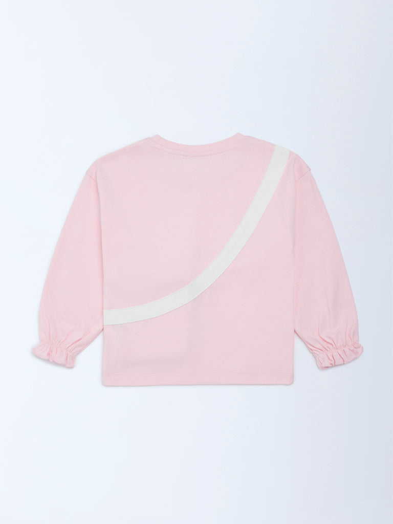 HOP Kids Girls Light Pink Pouch-Detailed Cotton Top