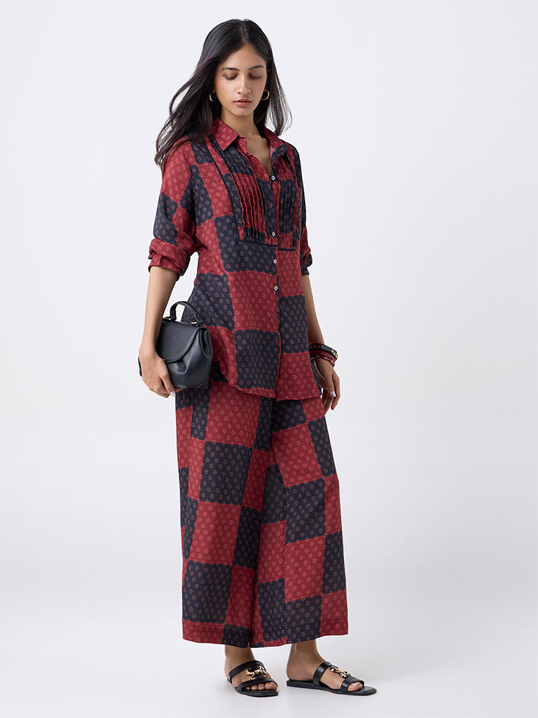 Utsa Red Grid Printed Palazzos