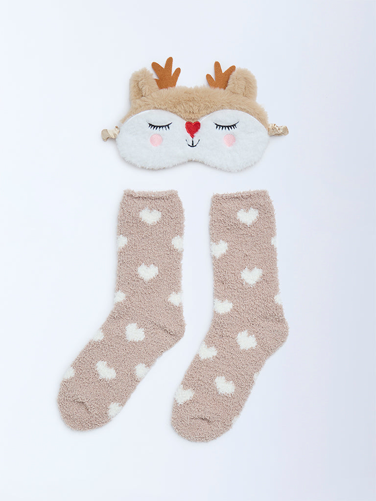 Wunderlove Beige Printed Socks and Eye Mask Set