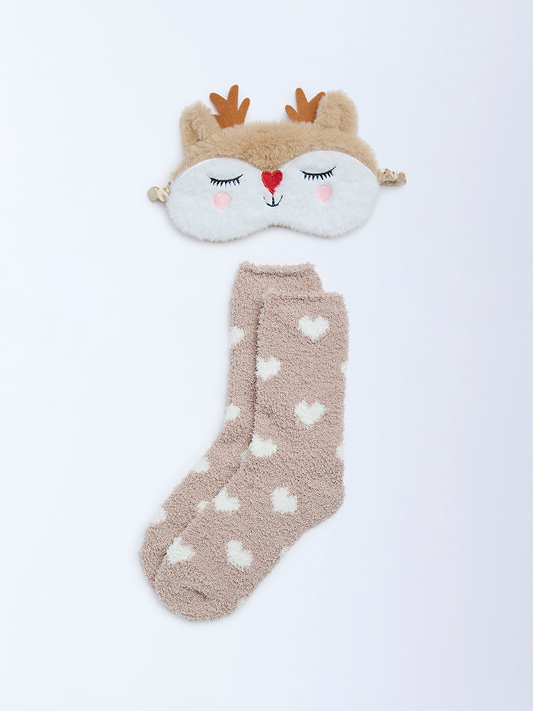 Wunderlove Beige Printed Socks and Eye Mask Set
