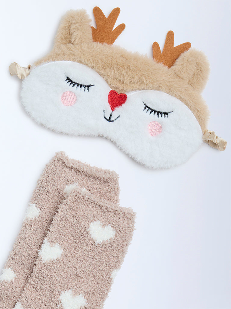 Wunderlove Beige Printed Socks and Eye Mask Set