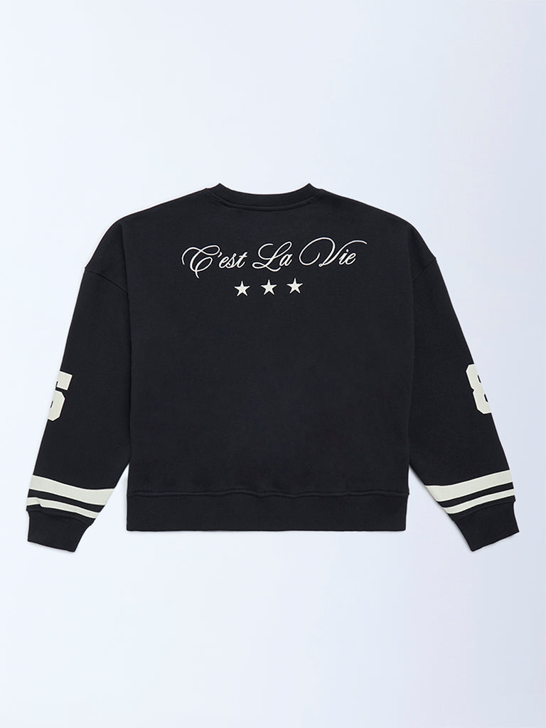 Girls Black Text Design Cotton-Blend Sweatshirt