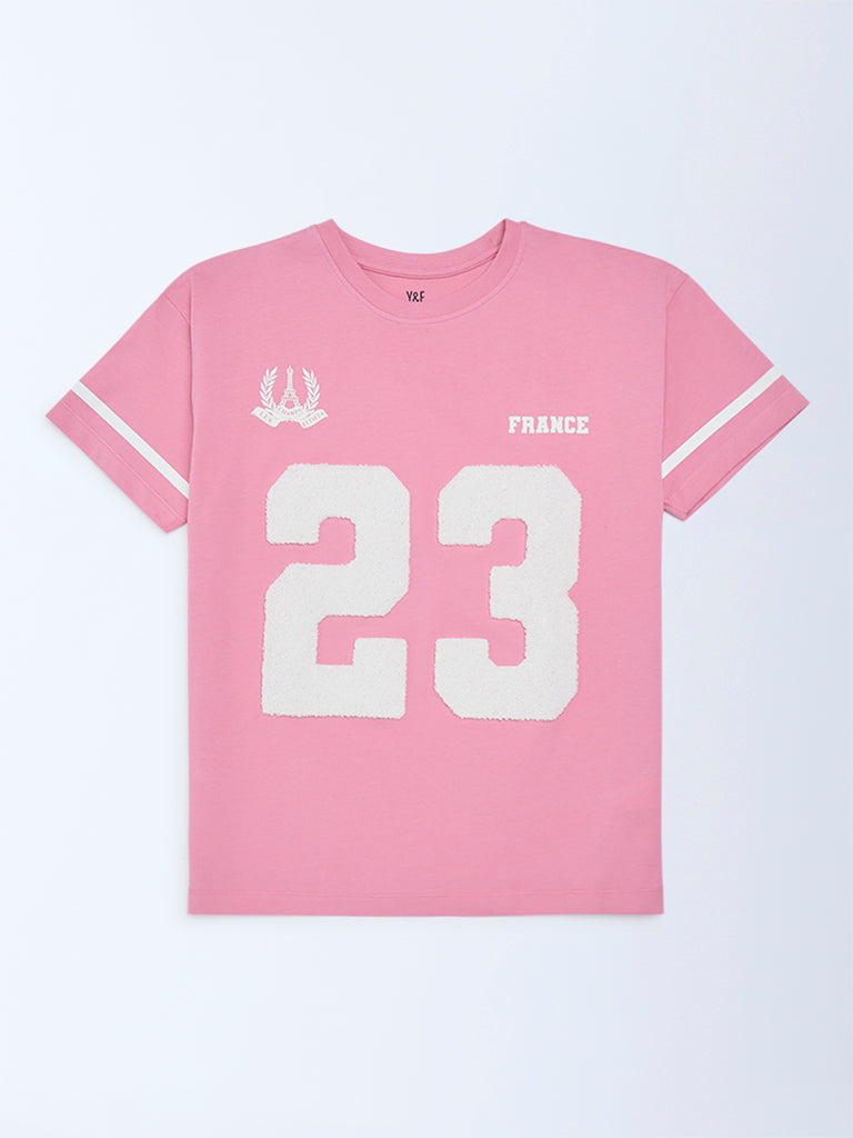 Y&F Kids Girls Pink Printed Cotton T-Shirt