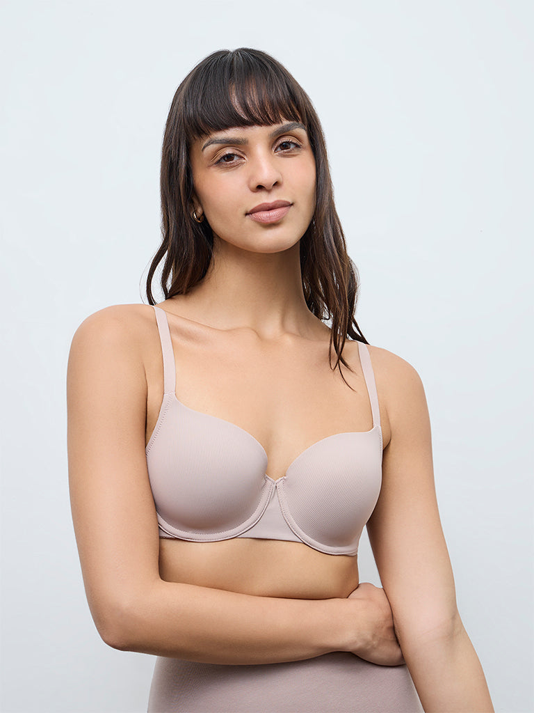 Wunderlove Beige Self-Striped Underwired Bra