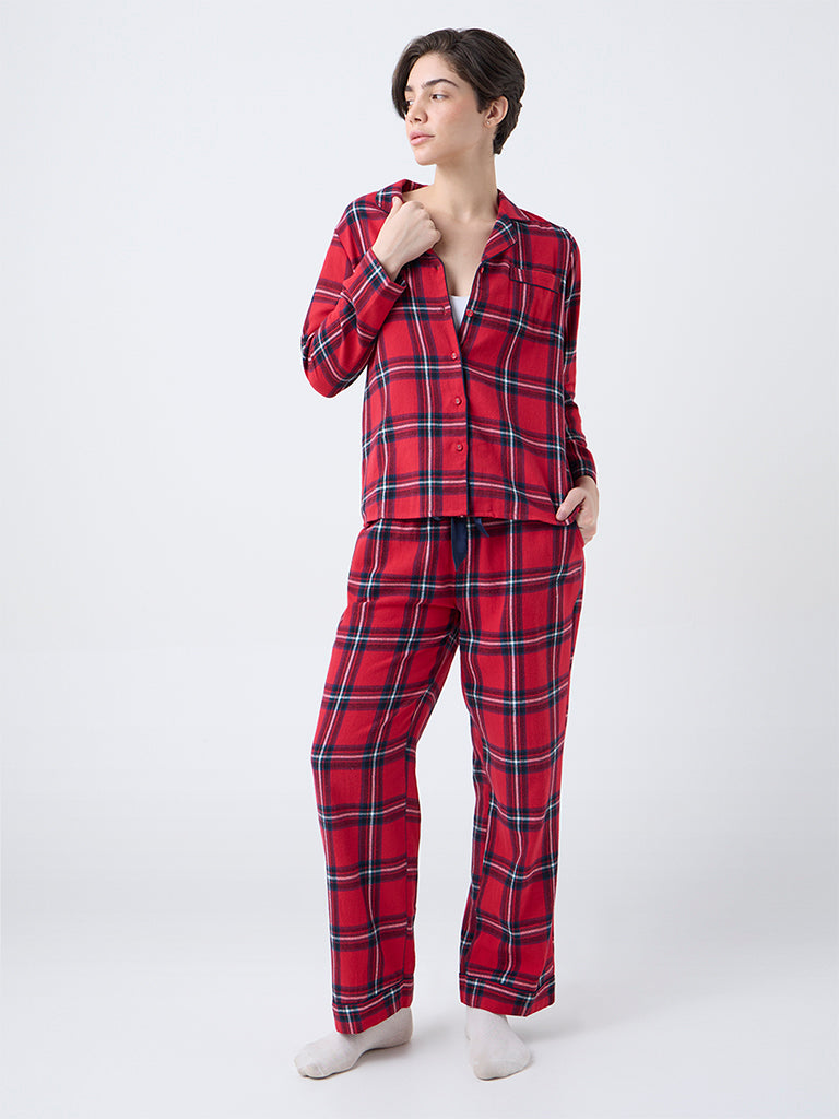 Wunderlove Red Checkered Cotton Shirt and Pyjamas Set