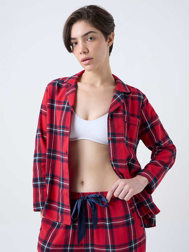 Wunderlove Red Checkered Cotton Shirt and Pyjamas Set