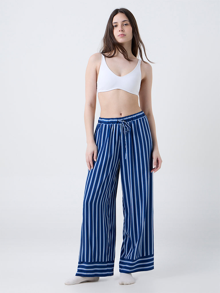 Wunderlove Dark Blue Striped High-Rise Cotton Blend Pants