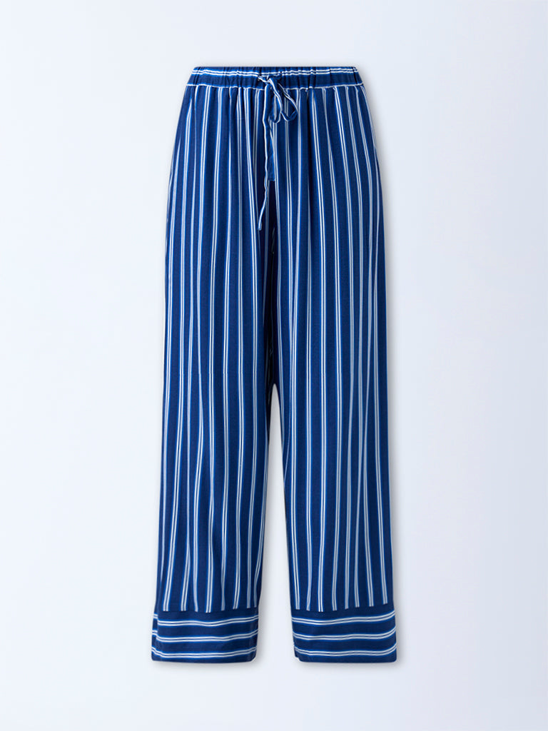 Wunderlove Dark Blue Striped High-Rise Cotton Blend Pants