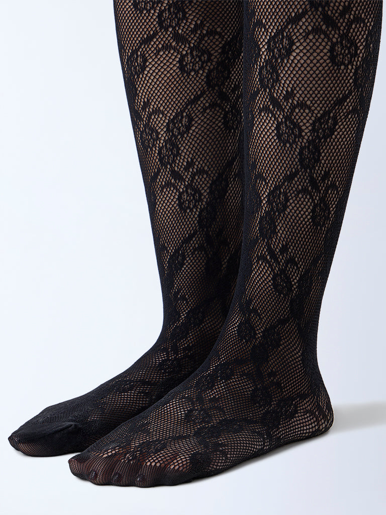Superstar Black Floral Lace Detailed Fishnet Stockings