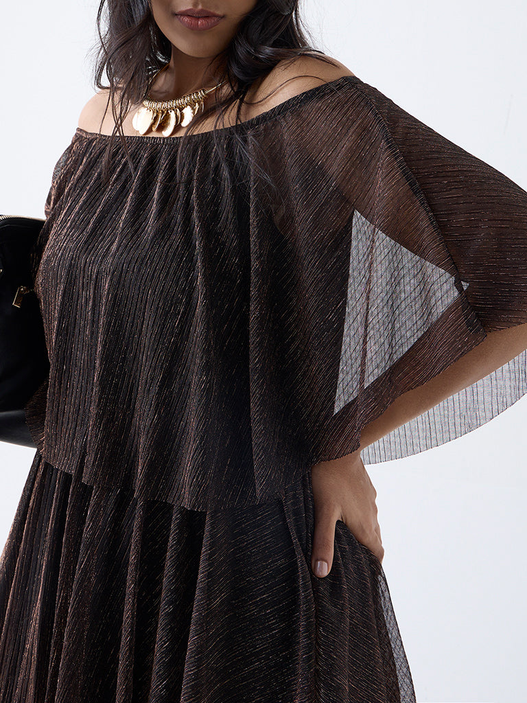 Gia Black Metallic Ruffle A-Line Dress