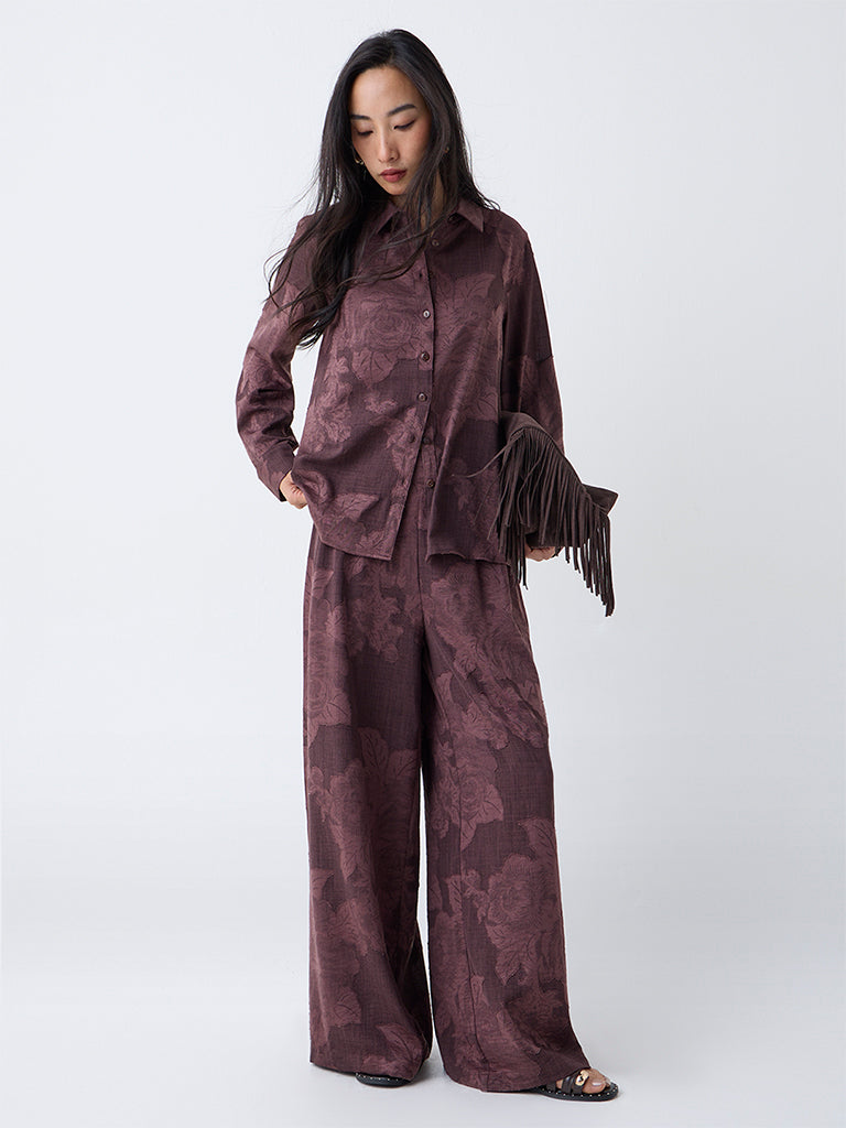 LOV Dark Brown Floral Pattern Shirt