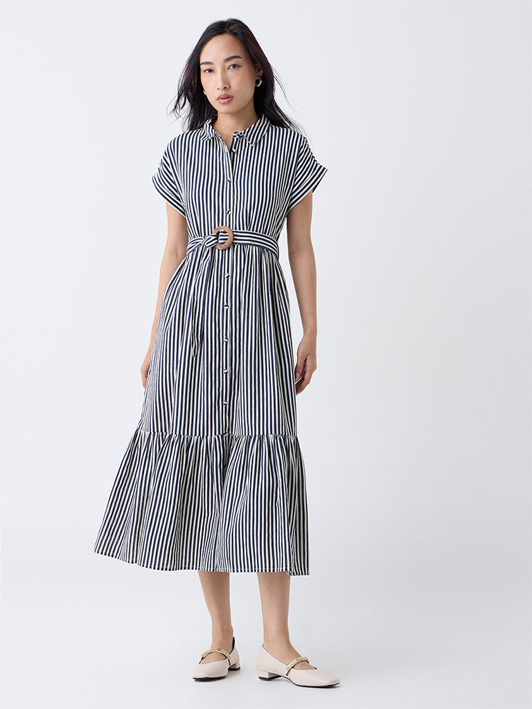 LOV Navy Striped Shirt Dress with Belt